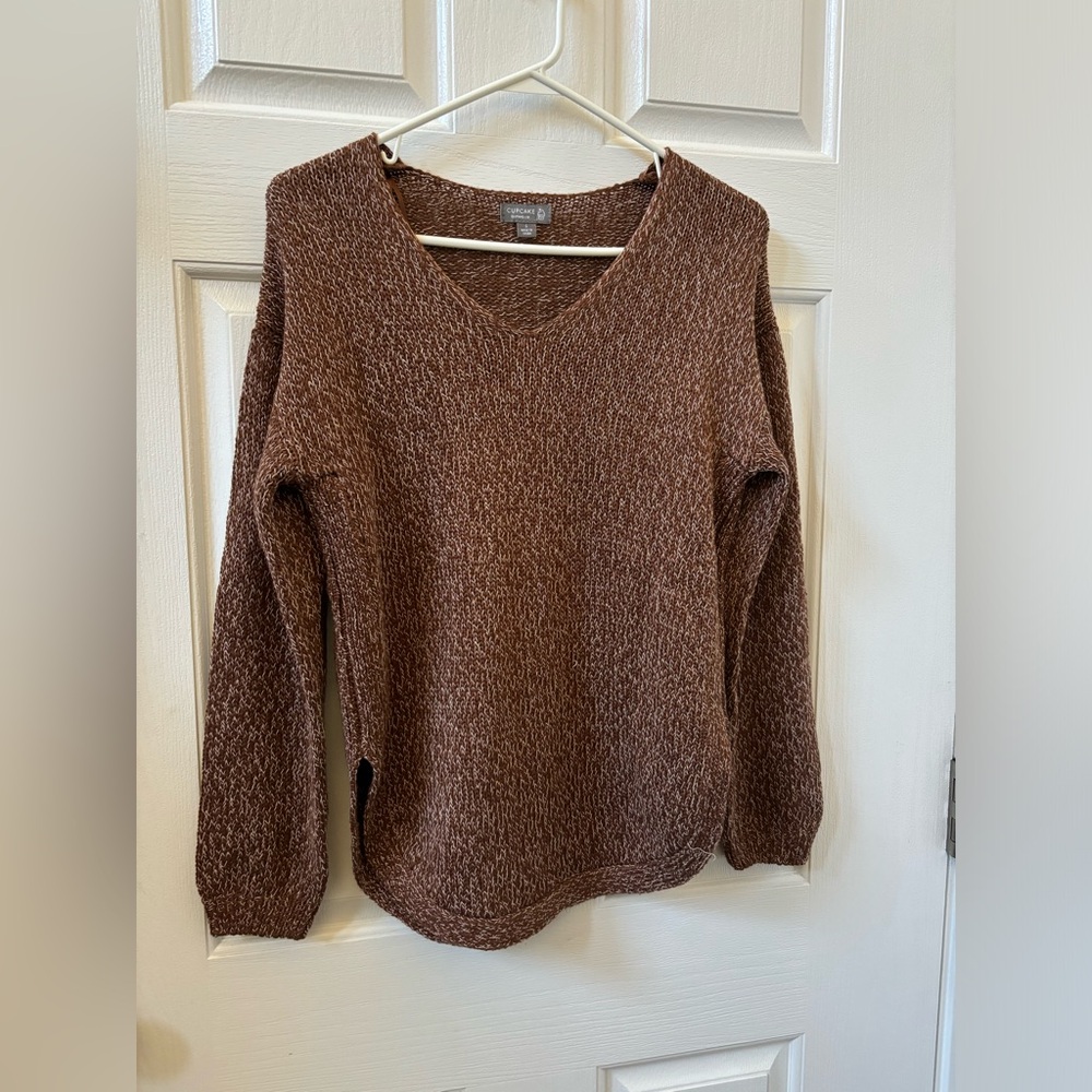 Cupcake V Neck Patch Elbow Tweed Brown Sweater